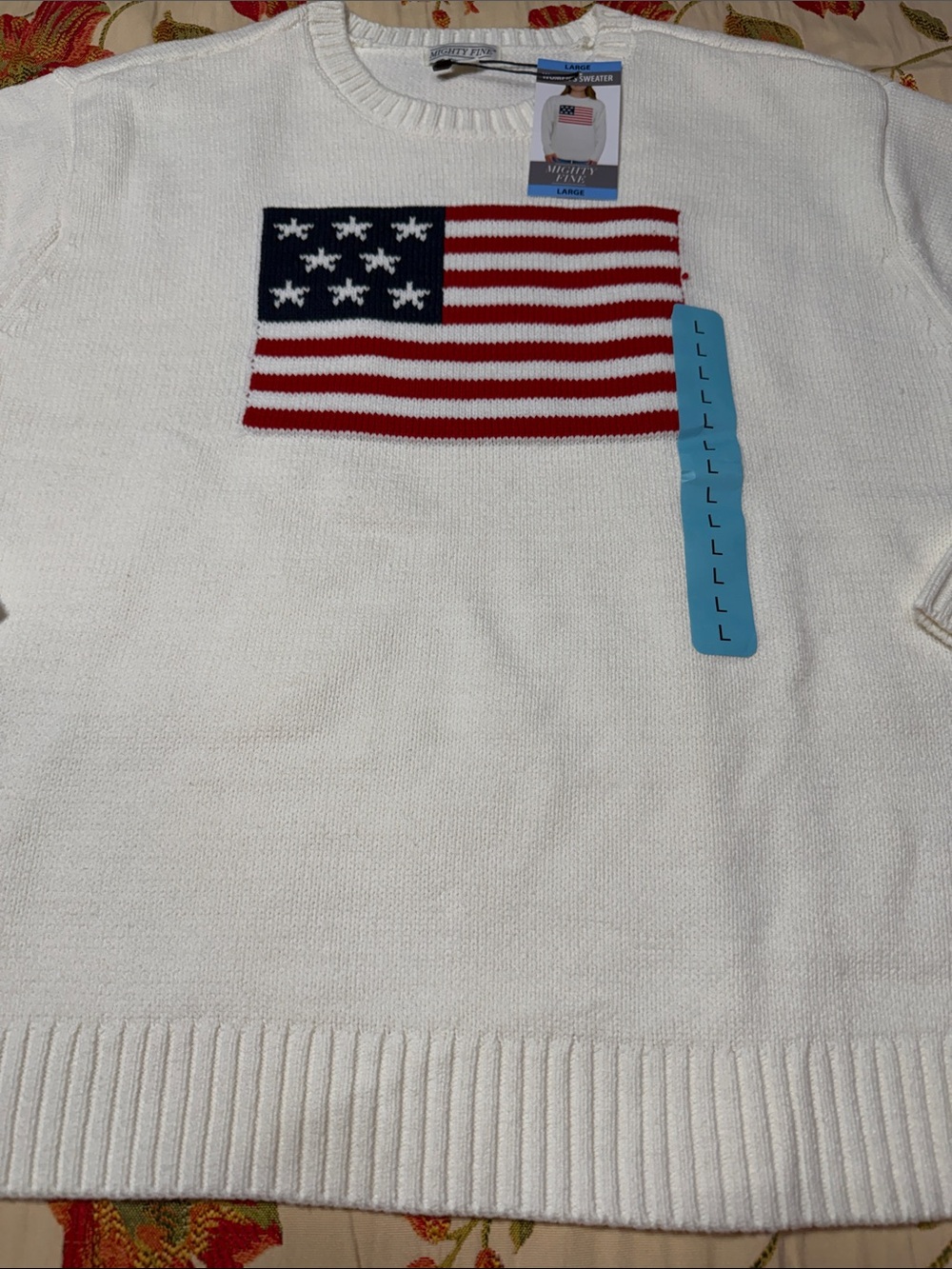 Mighty Fine White Crewneck Sweater with Red & Blue Flag L NWT - Picture 3 of 4